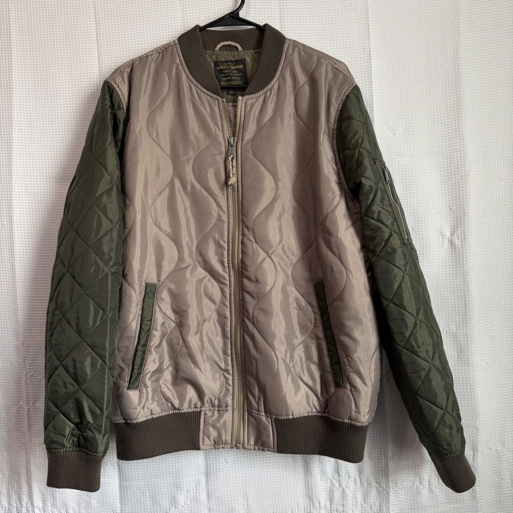 Lucky Brand Mens Large Quilted Bomber Jacket L-54C Green Brown Military Utility
